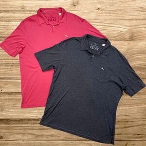 Lot of 2 Tommy Bahama Relax Mens Large Pima Cotton Polo Shirt Bundle Pink & Gray